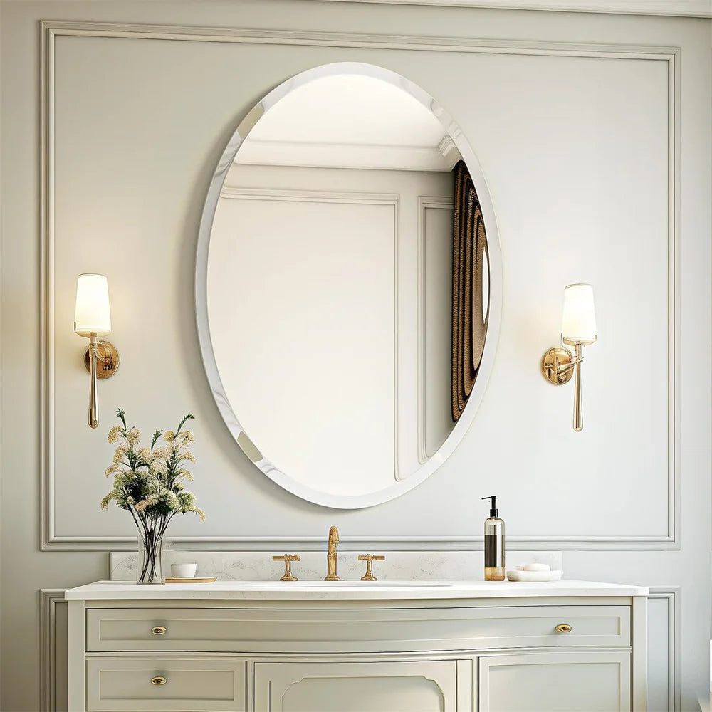 Frameless Oval Beveled Edge Bathroom Mirror for Living Room Entryway
