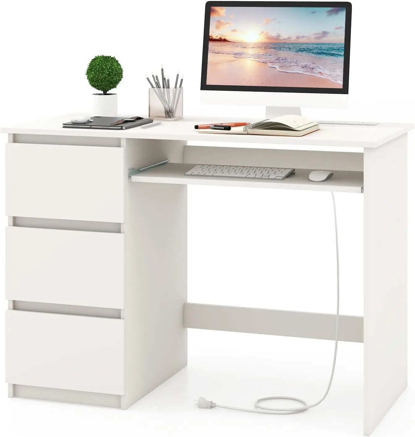 Ljustra Computer Desk with Charging Station 3 Storage Drawers Keyboard Tray