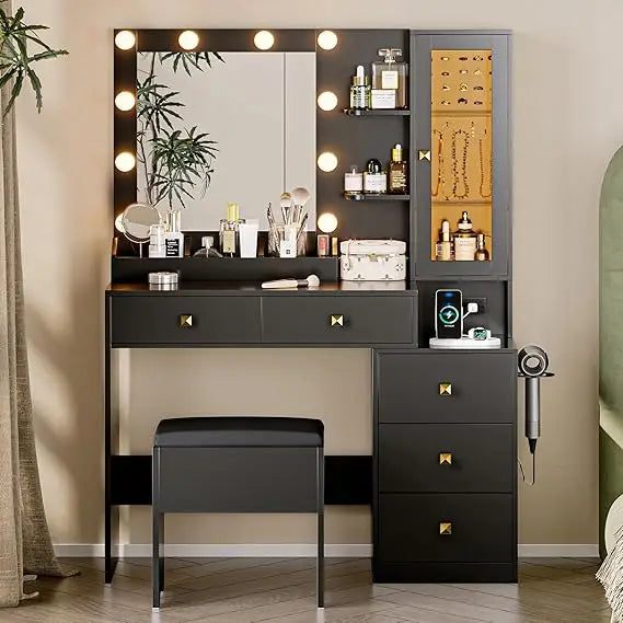 Vanity Desk with Mirror and RGB LED Lights 5 Drawers Jewelry Organizer