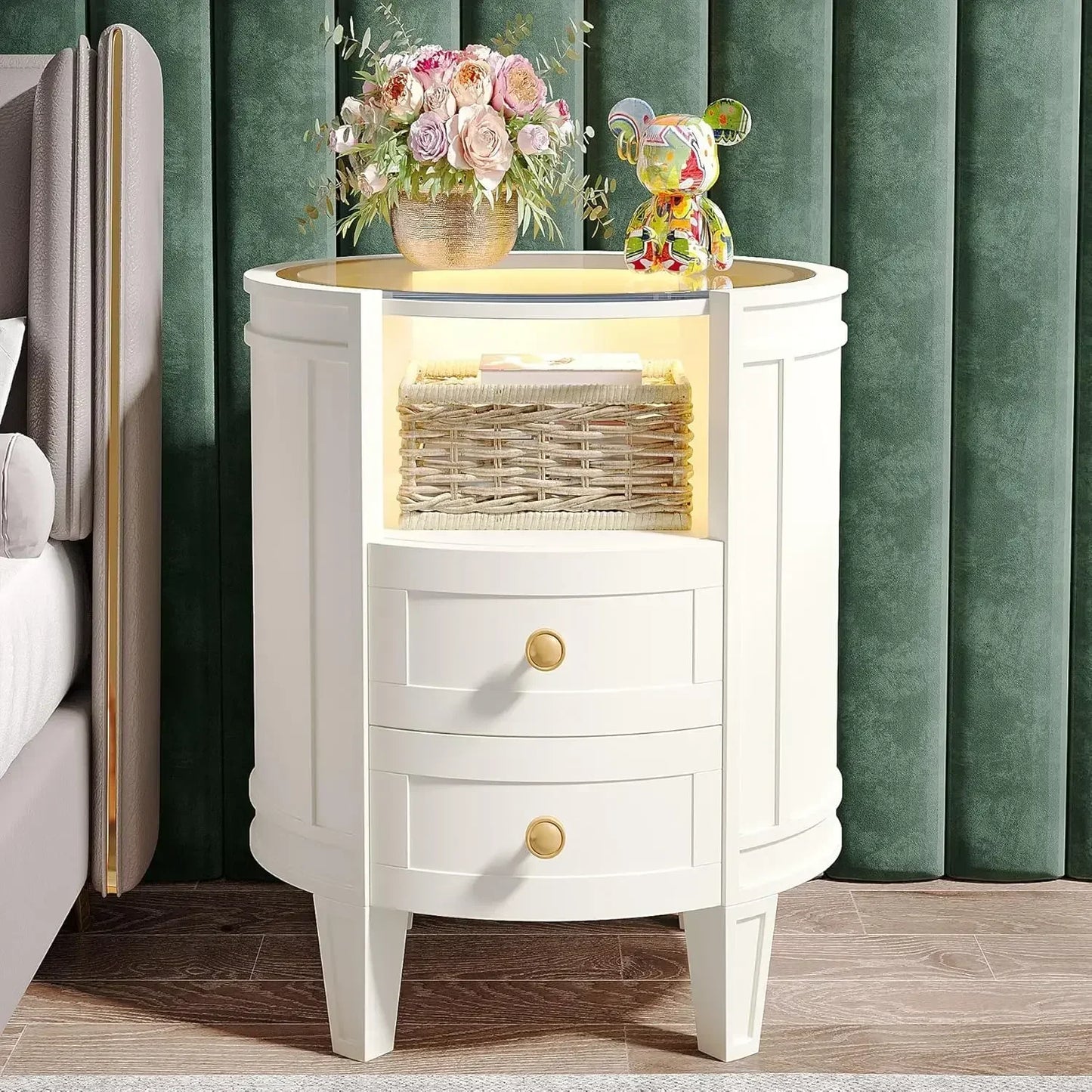 Set of 2 Nightstands with LED Glass Top Modern Bedside Table Storage