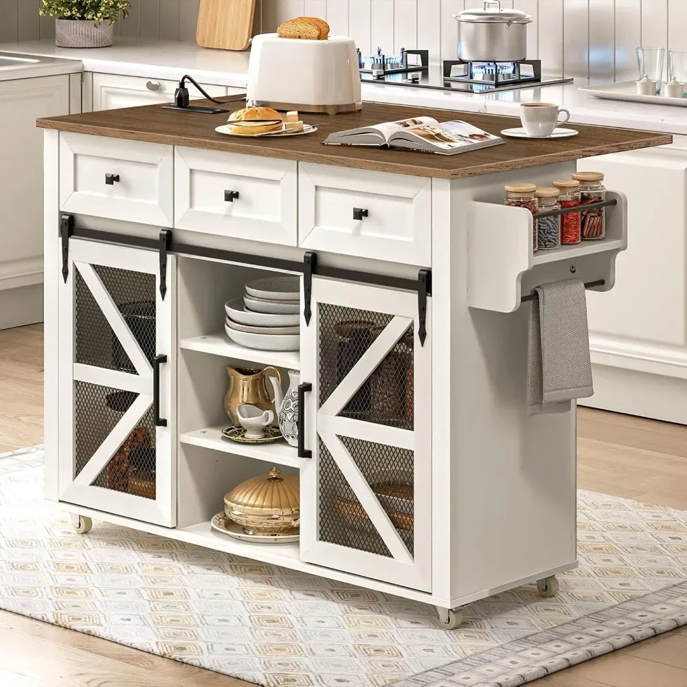 Kitchen Island with Storage Charging Station Rolling Table Drop-Leaf