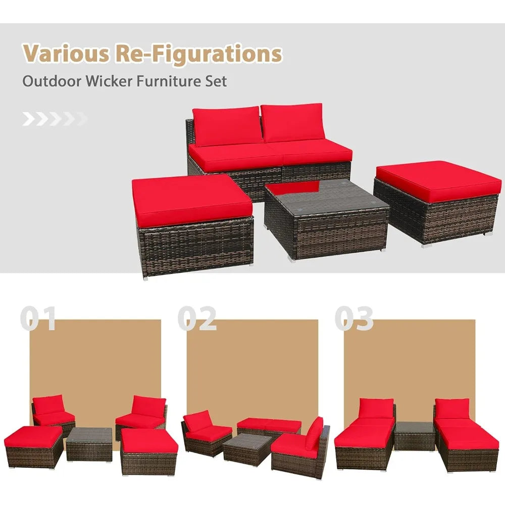 5 Piece Wicker Lounge Chair Set with Glass Coffee Table Outdoor Furniture
