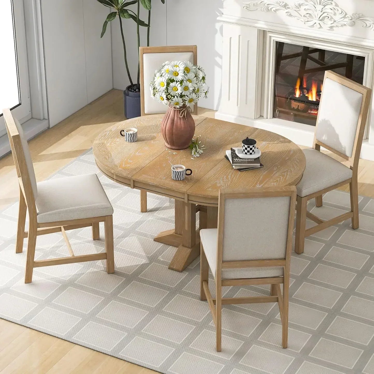 5-Piece Farmhouse Round Dining Table Set with 4 Upholstered Chairs