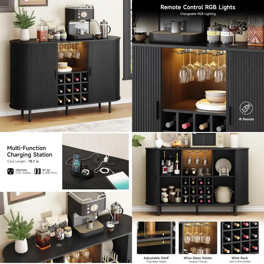 Modern 55 Inch Wine Bar Cabinet LED Lighting Whiskey Coffee Station