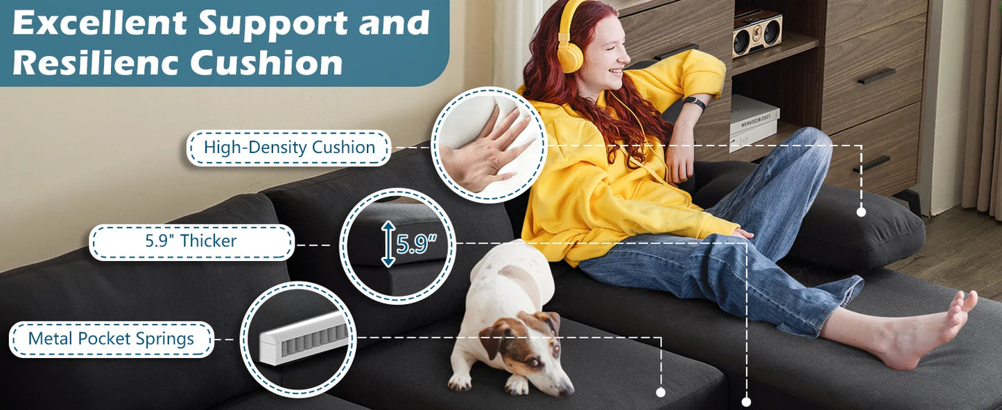 Ljustra U-Shaped 110" Sectional Couch, Modern Style, 5.9" Padding, Assembly Required