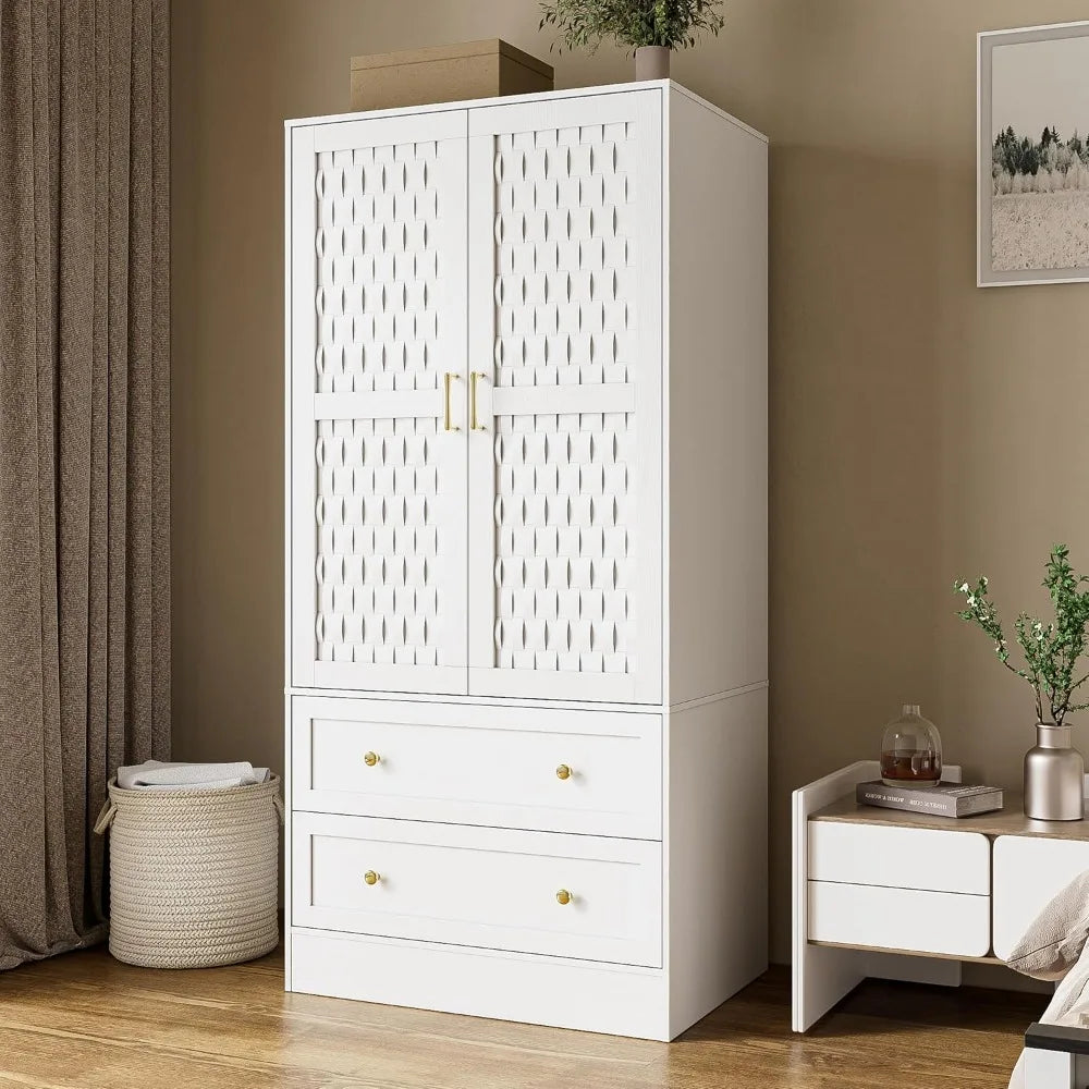 Armoire Wardrobe Closet with 2 Woven Doors and Drawers for Storage