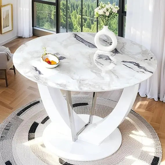 48 Inch Round Dining Table for 4 Sturdy Faux Marble Pedestal Table