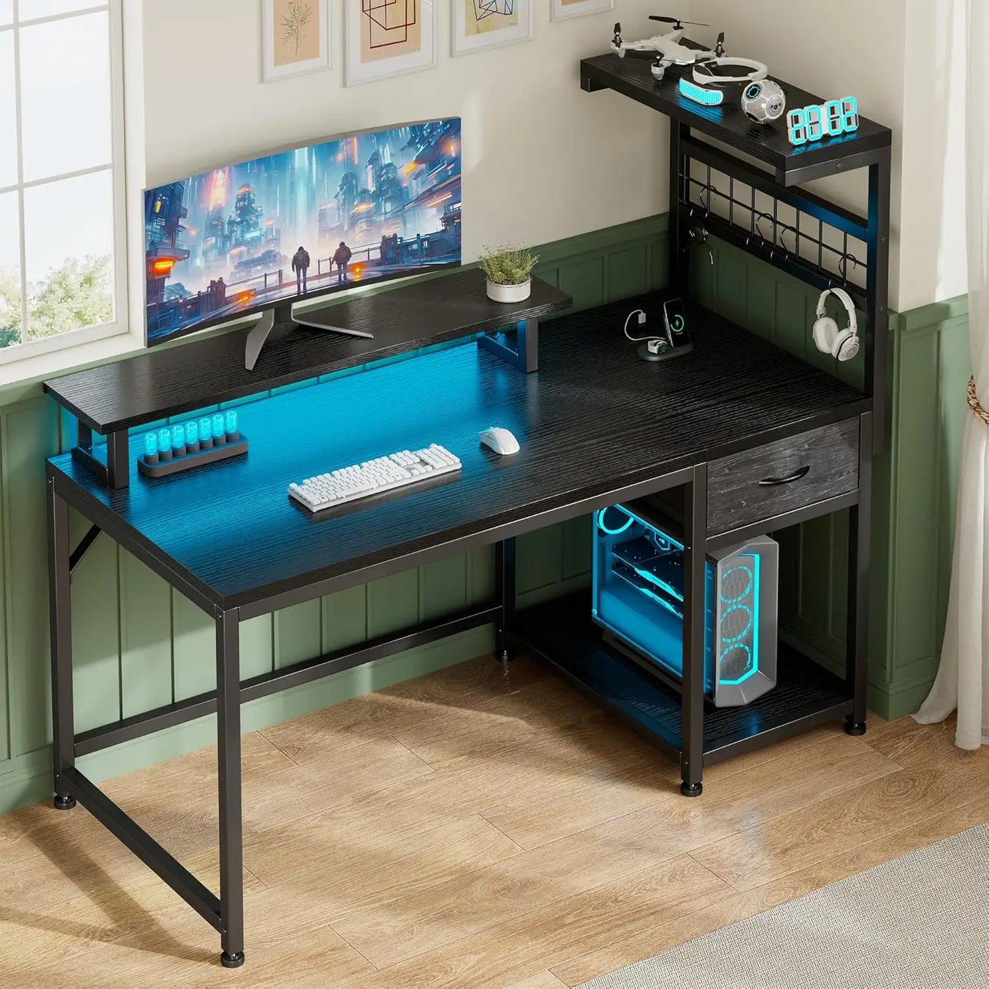 Ljustra 48 Inch Reversible Computer Desk with Power Outlets and LED Lights