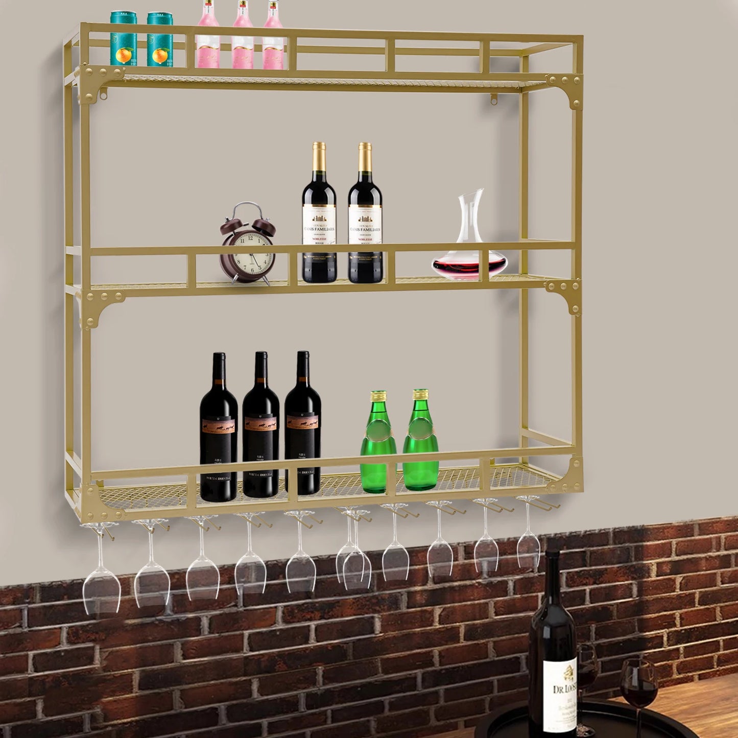 Luxury Wall Mounted Wine Rack 3-Tier Iron Design Holds 220lbs Decor