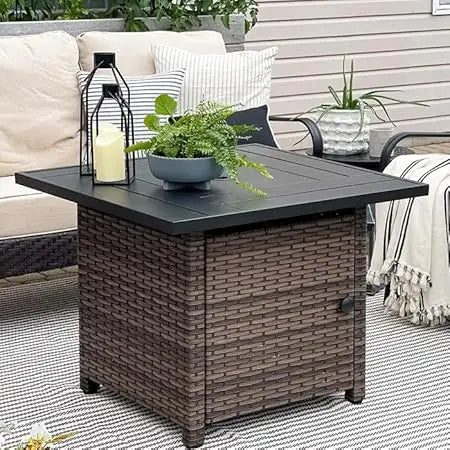 Ljustra 32 Inch Gas Fire Pit Table Outdoor Rattan Propane Fireplace