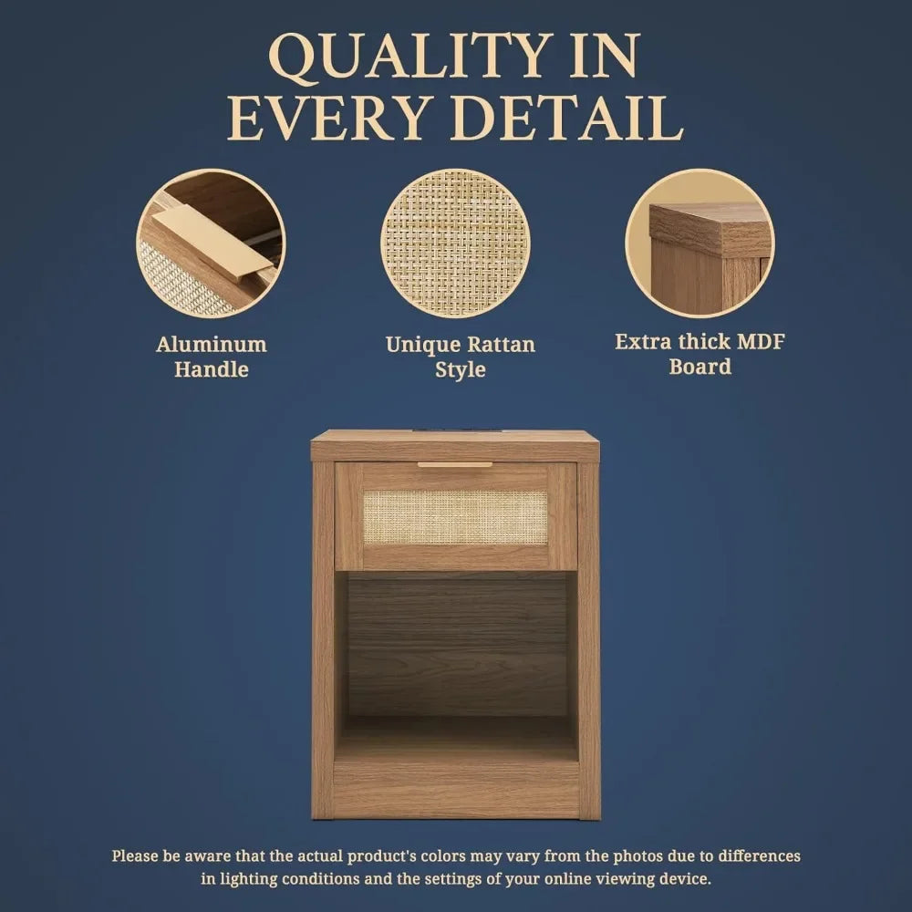 Nightstand Set of 2 Rattan Bedside Table with Charging Station