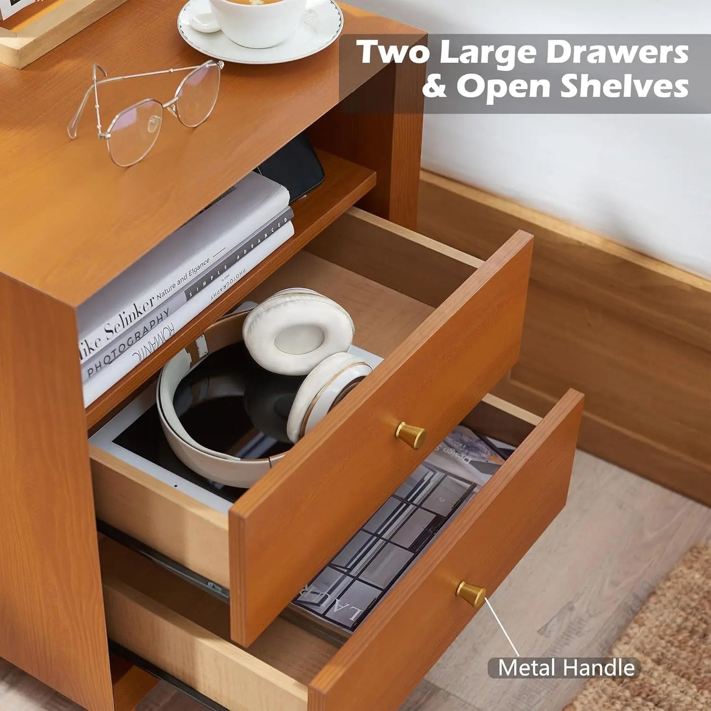 Nightstand with Charging Station Mid Century Modern Side Table Storage