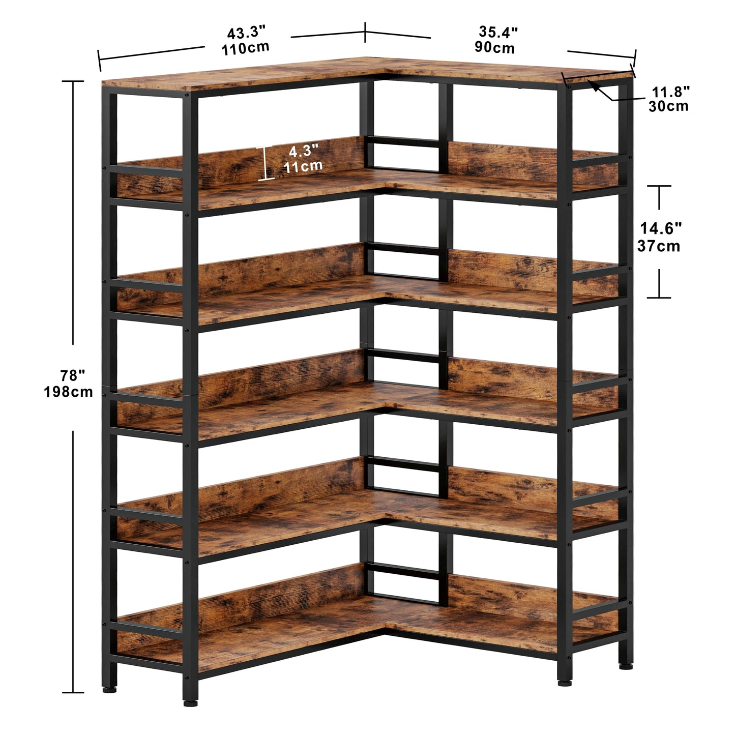 Ljustra Industrial 6 Tier Corner Bookshelf Etagere Metal Frame Storage Rack
