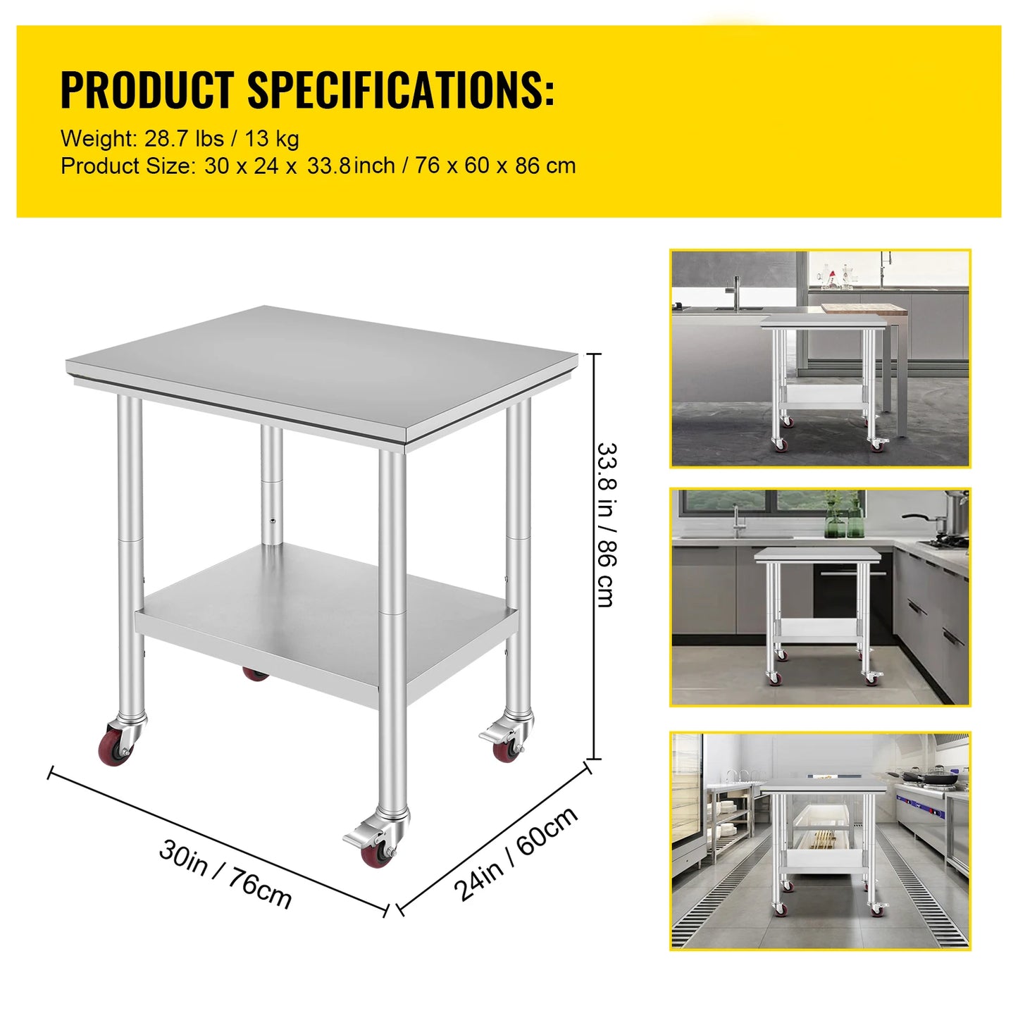 VEVOR Stainless Steel Kitchen Worktable with Caster Wheels for Storage