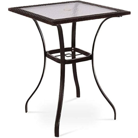 Patio Bar Table with Umbrella Hole Heavy Duty Outdoor Glass Top 37 Inch