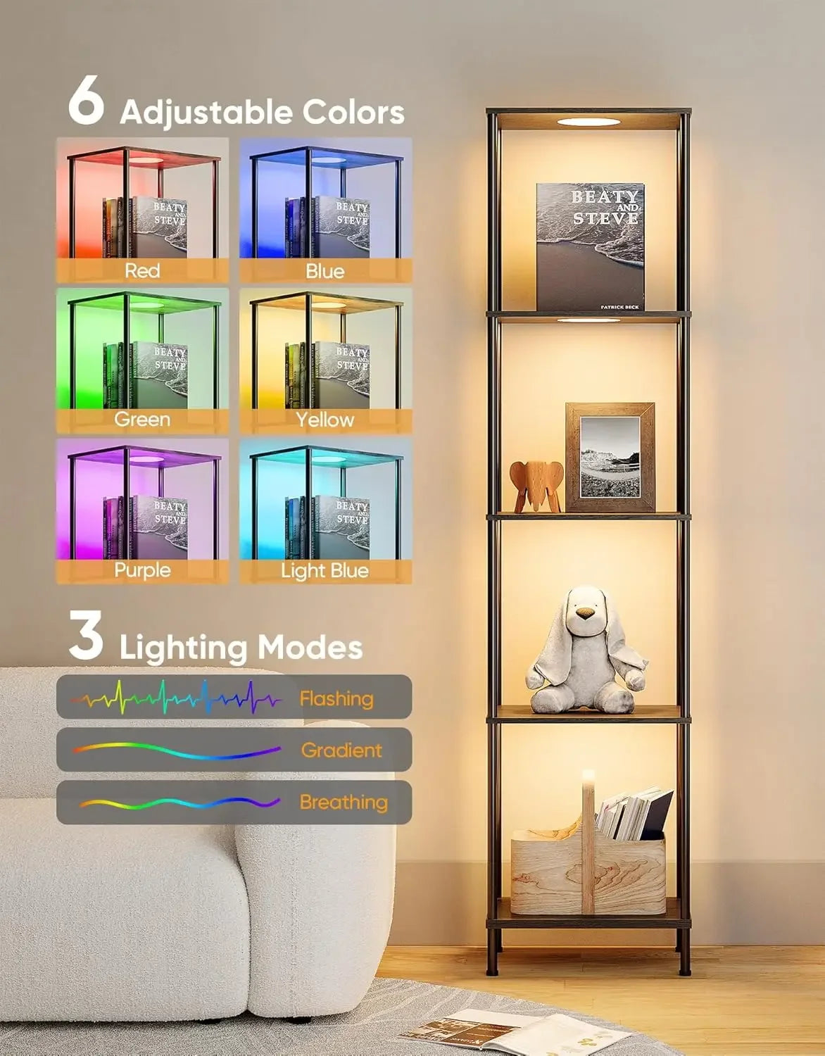 Shelf with RGBCW Light Color Changing Curio Cabinet Floor Lamp Organizer
