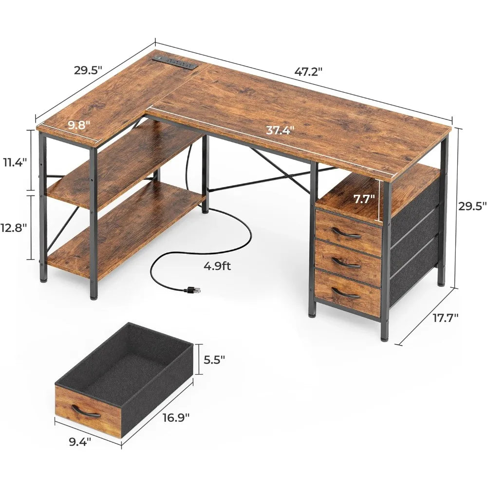 L Shaped Office Desk with Power Outlets and 3 Drawers for Home Office