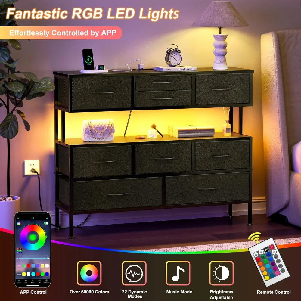 Dresser TV Stand with Charging Station LED Lights 55 Inch 9 Drawers