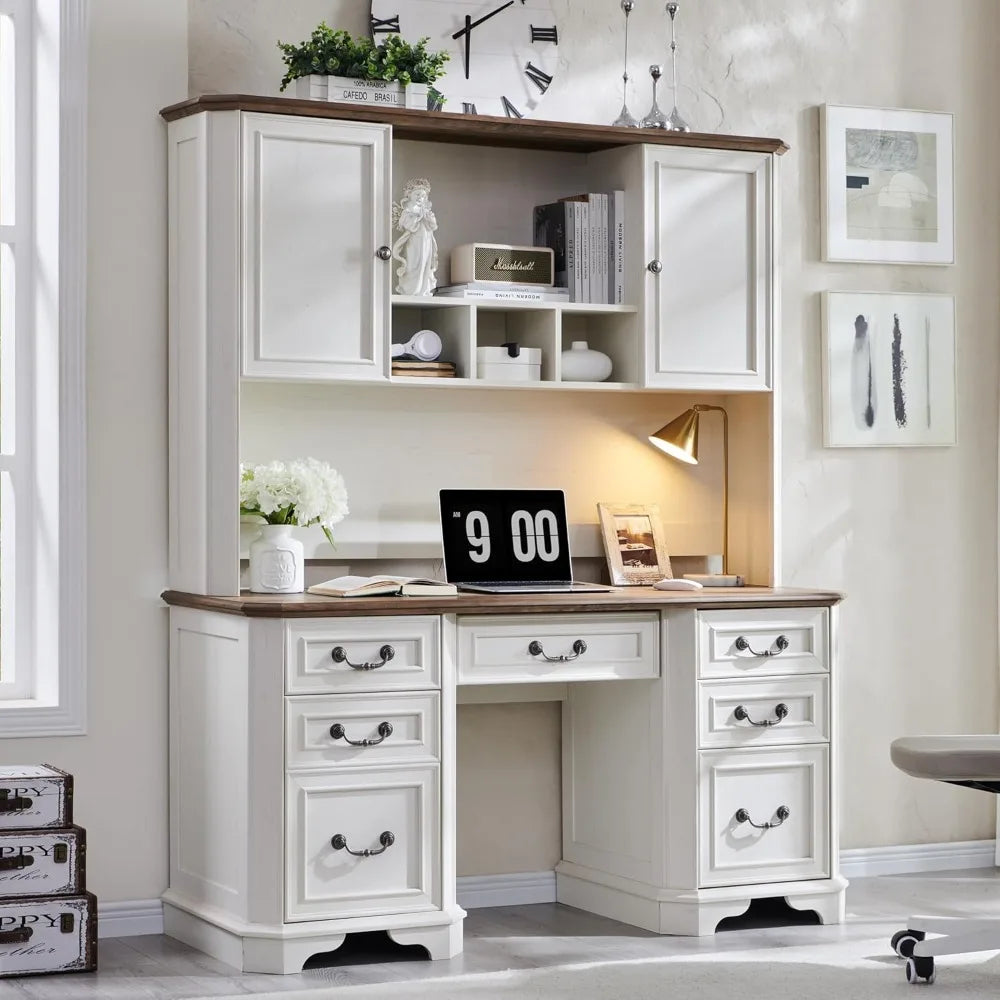 Farmhouse Executive Desk with Hutch Keyboard Tray Charging Station 59"