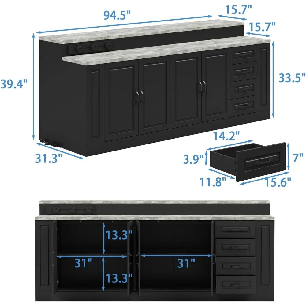 94.5" Kitchen Island Storage Cabinet with Power Outlet & Adjustable Shelves
