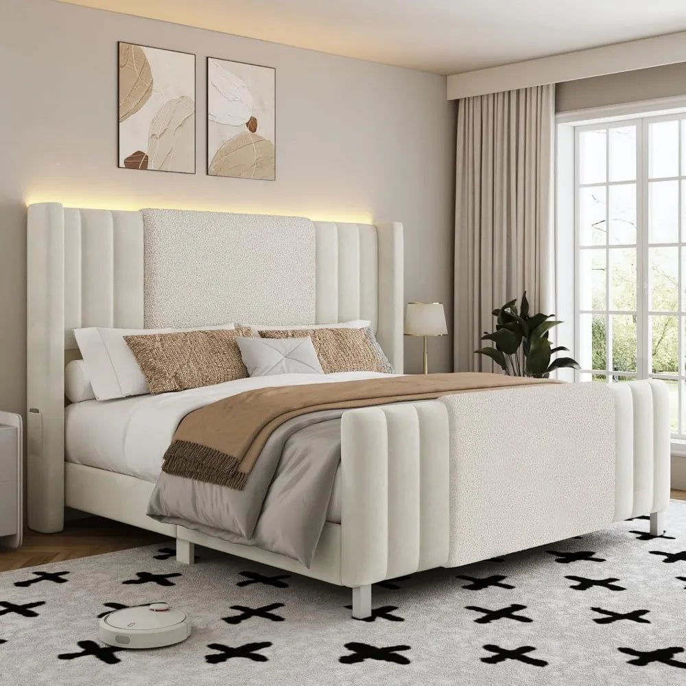 Queen Size Upholstered Bed Frame with LED Lights and Tall Headboard