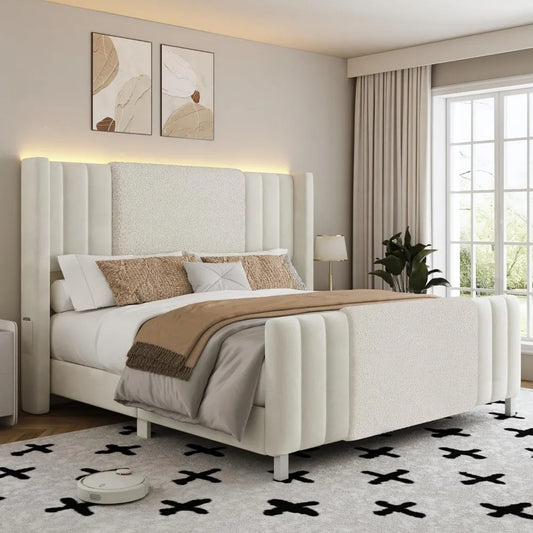 Queen Size Upholstered Bed Frame with LED Lights and Tall Headboard
