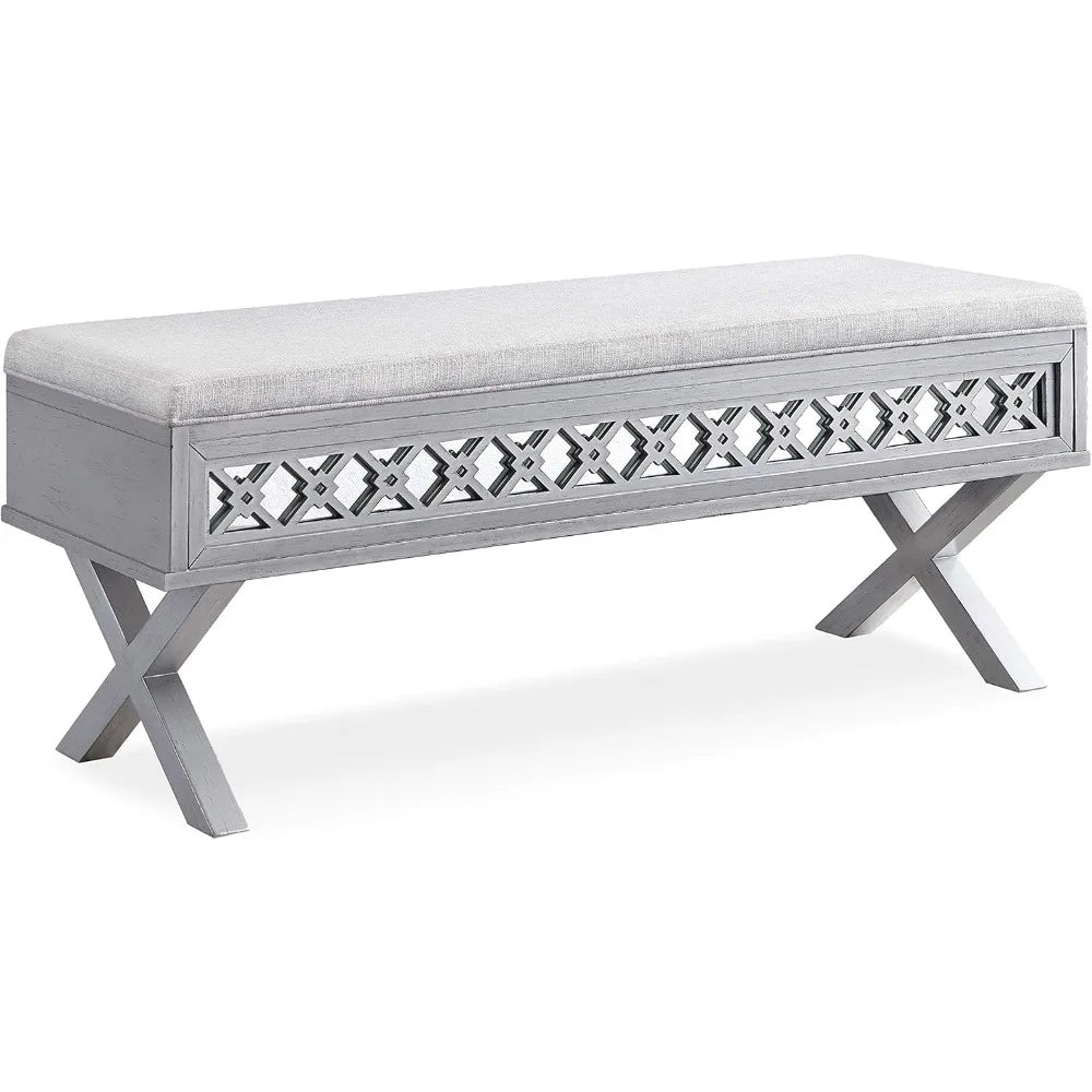 Mirrored Diamond Filigree Lift Top Storage Bench for Bedroom Foyer