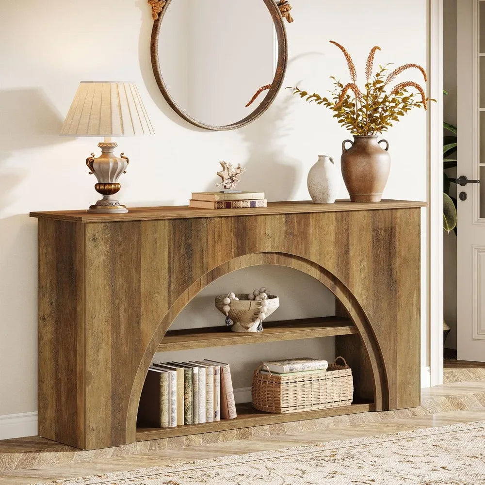 61 Inch Farmhouse Wooden Entryway Table 3 Tier Console Sofa Table