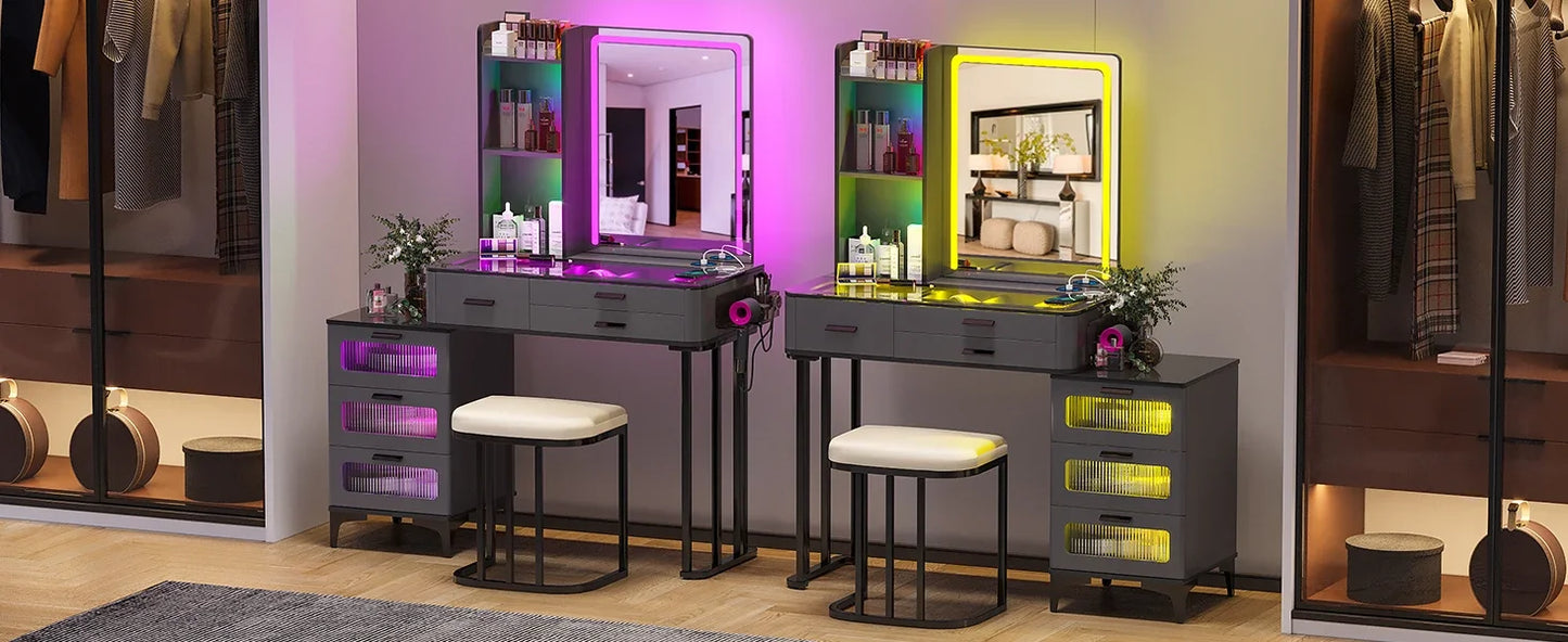 RGB Vanity Makeup Desk with 6 Drawers Smart Lighting and Charging Station