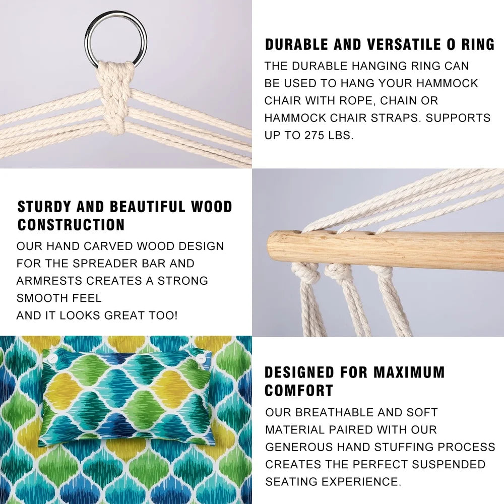 Hammock Chair with Pillow Wooden Arms Durable Poly-Cotton Indoor Outdoor