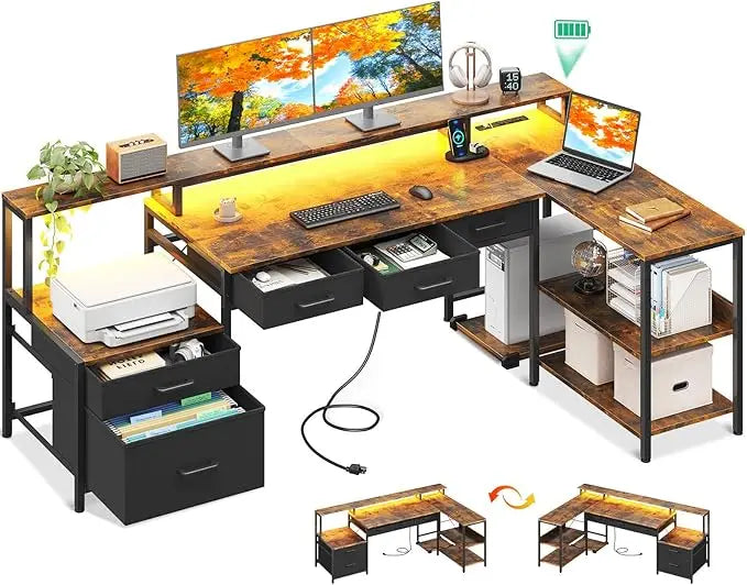 L Shaped Computer Desk with Power Outlet LED Strip 66 Inch Storage
