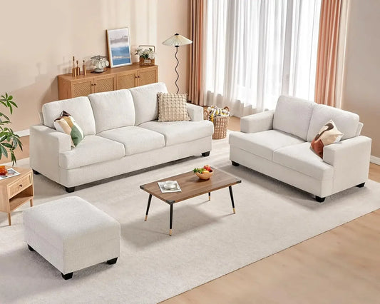 Chenille Beige Sofa Set w/ Storage Ottoman – 3-Seater & Loveseat, Comfy Couch for Living Room