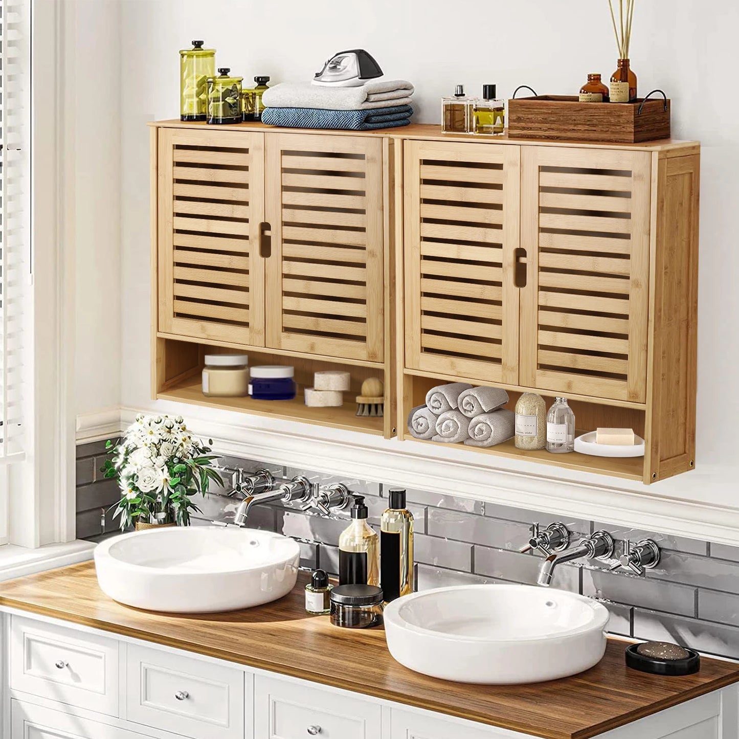 Wall Mounted Bathroom Bamboo Storage Cabinet Medicine Shelf