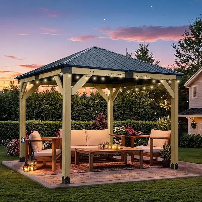 12x14 Ft Wooden Gazebo with Metal Roof and Charging Socket for Patio