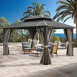 10x12ft Hardtop Gazebo Heavy Duty Outdoor Canopy with Curtains and Netting