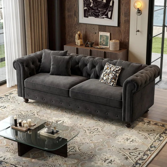 82" Chesterfield Velvet Sofa Couch Tufted Rolled Arms Deep Seat for Living Room
