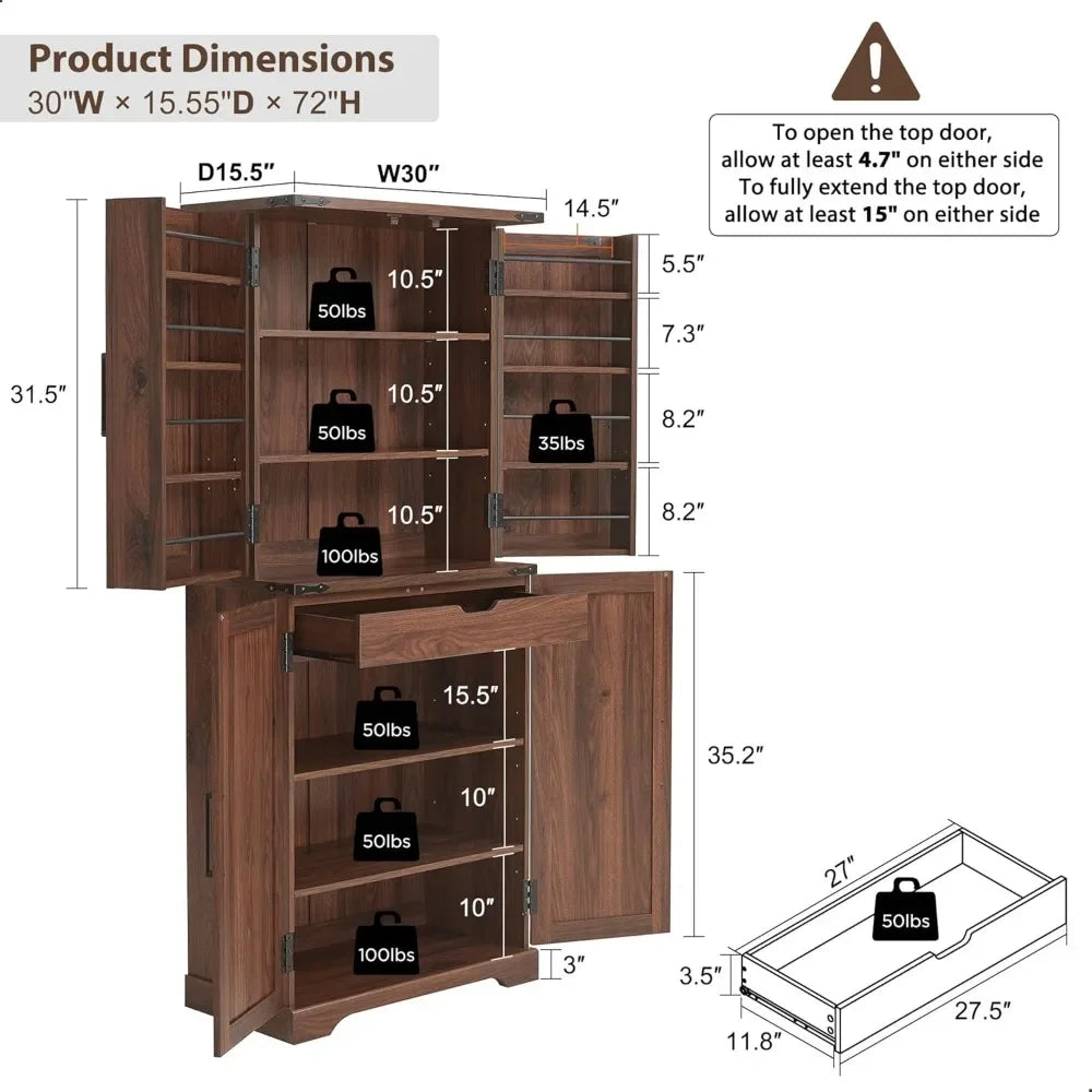 72 Inch Tall Kitchen Pantry Storage Cabinet with Barn Doors Organizer