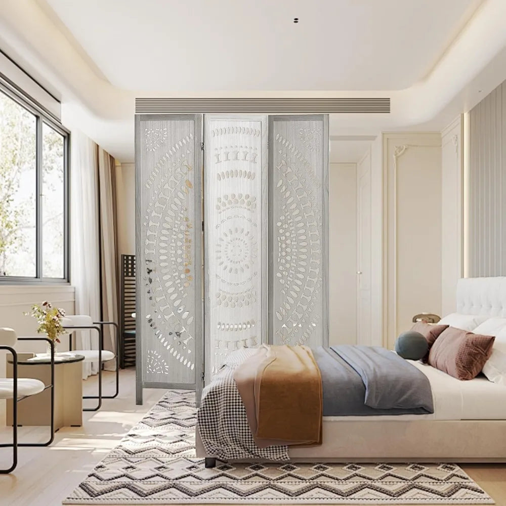 Carved 3 Panel Room Divider Folding Privacy Screen Home Decor Partition