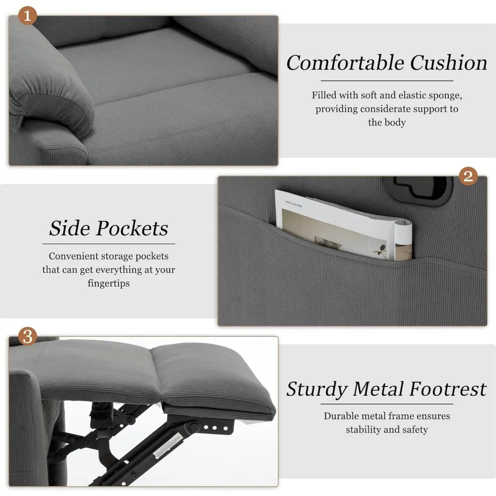 Recliner Chair for Small Spaces Upholstered Manual Recliner with Pockets