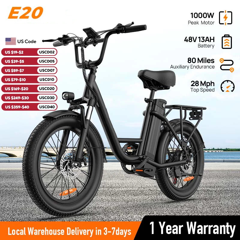 1000W E20 Electric Bike 20MPH 48V 13Ah Fat Tire 7-Speed Dual Brake
