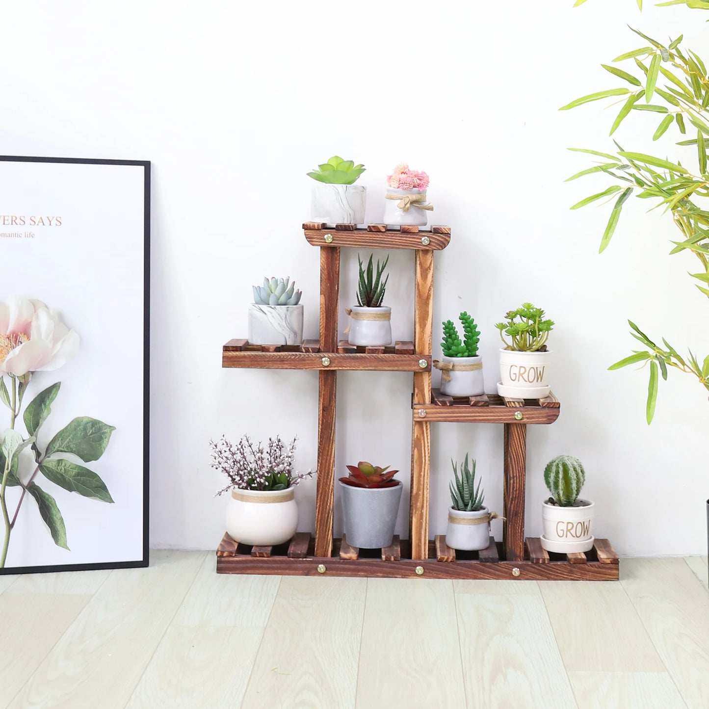 Carbonized Wood Multi Tier Plant Stand for Indoor Outdoor Succulents