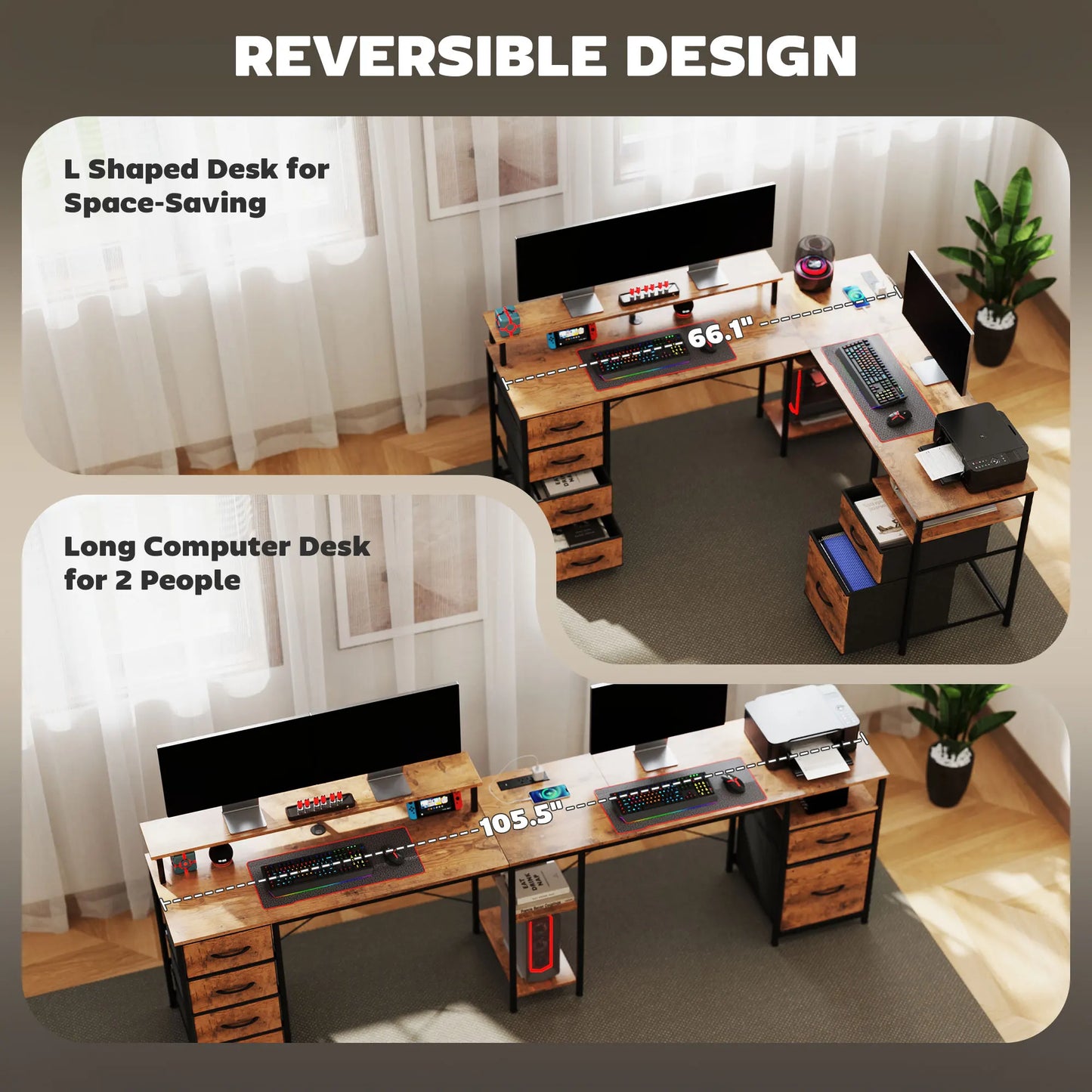 66 Inch Reversible L Shaped Computer Desk with File Drawer and USB Outlets