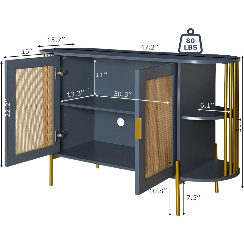 Rattan Sideboard Solid Wood Storage Buffet Console Cabinet Living Room