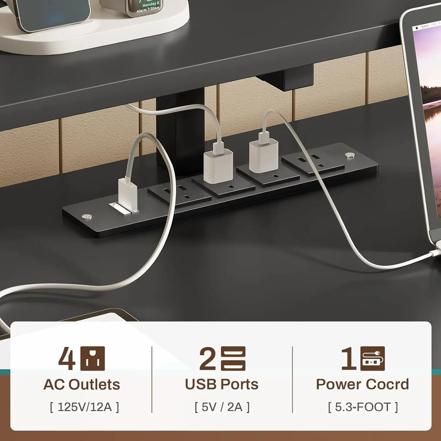 Computer Desk with 5 Drawers Power Outlet LED Lights Home Office Desk