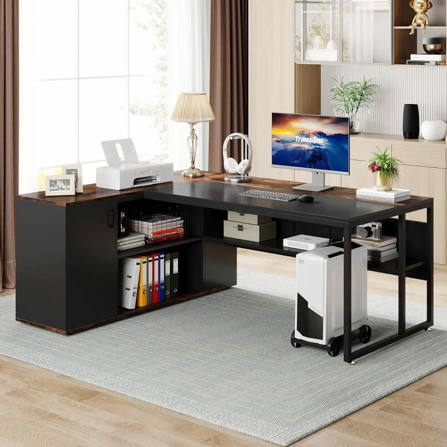 L Shaped Executive Desk with Cabinet and Shelves for Home Office