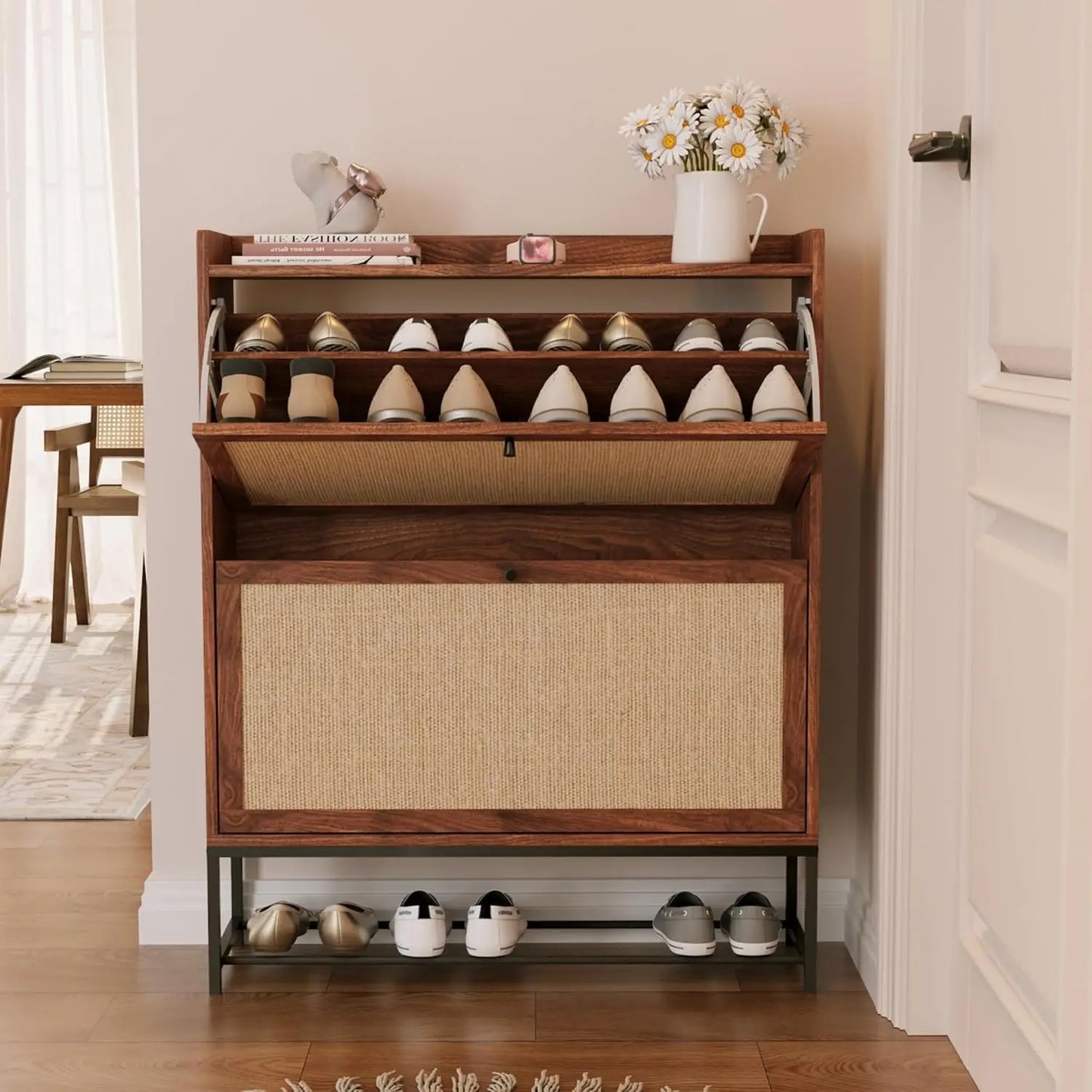 Modern Shoe Cabinet Freestanding Shoe Organizer with 2 Flip Drawers