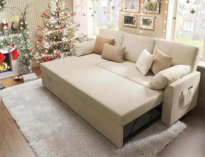Modern Sleeper Sofa Bed with Storage Chaise & Pull-Out Couch | Bouclé Fabric 84” L-Shaped