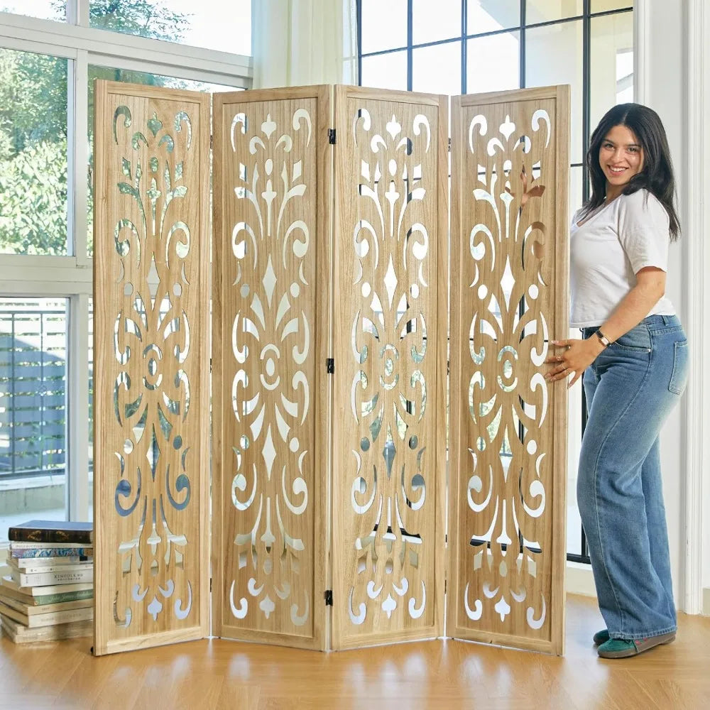 5.6Ft Room Divider Folding Wood Carved Partition Screen 4 Panels