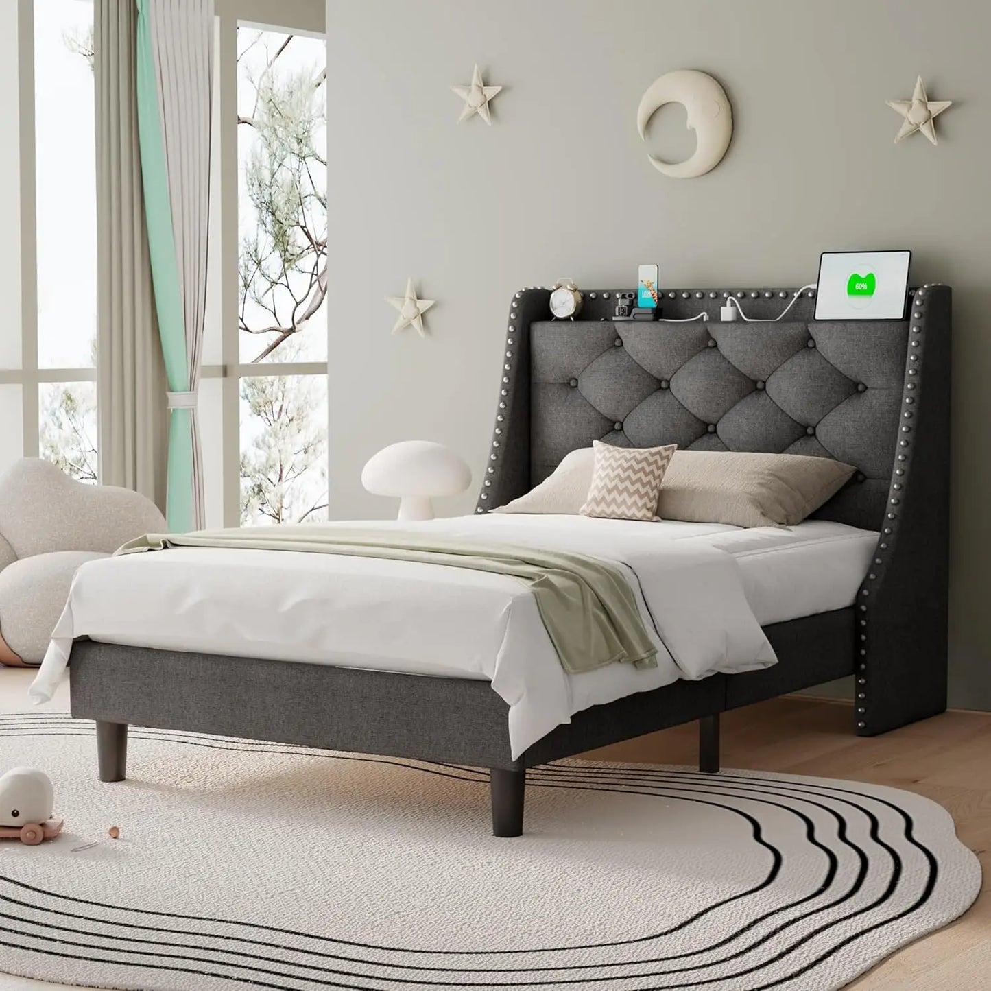 Full Size Bed Frame Wingback Tufted Storage Headboard with AC Ports