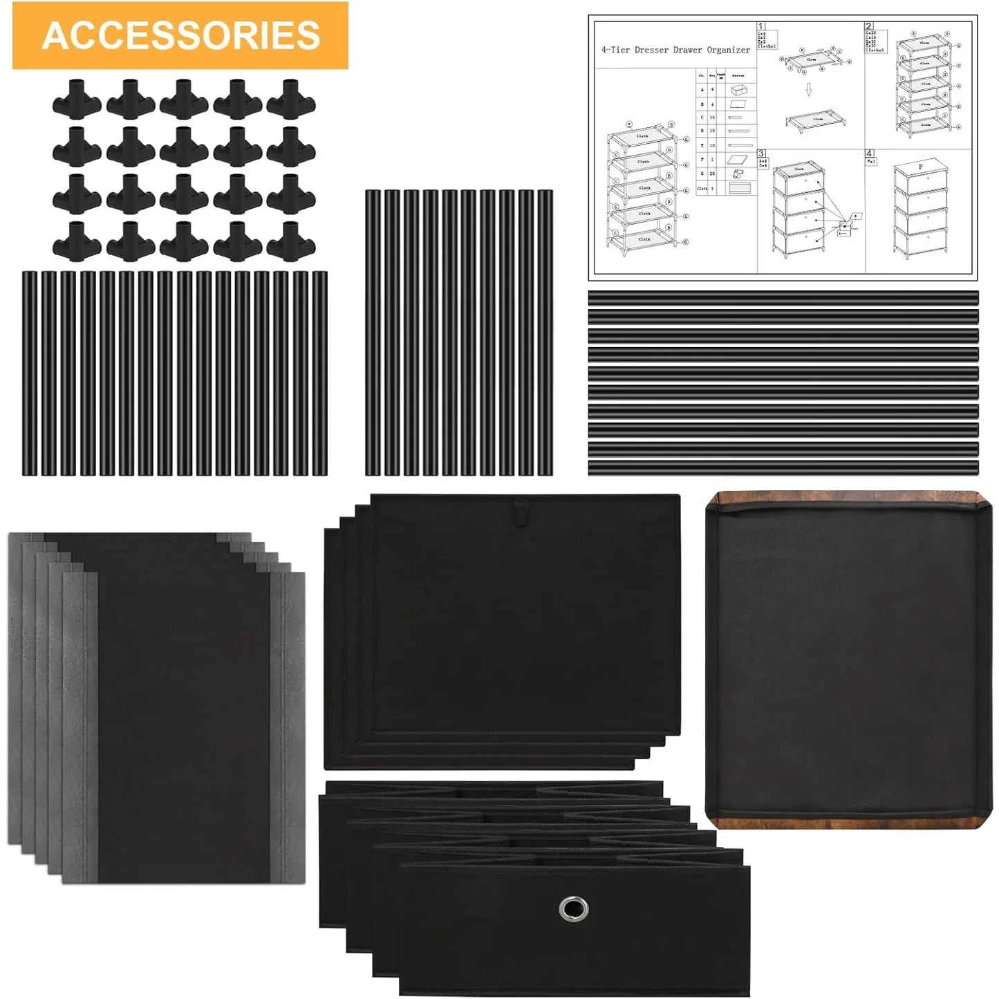 Black 4 Drawer Fabric Dresser Easy Assembly Space Saving Organizer